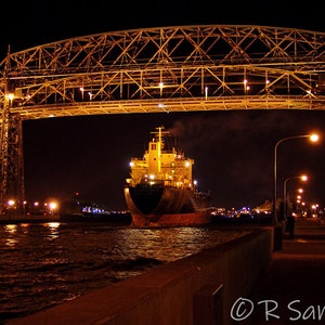 Image 116, Nighttime Entry, Ship, Shipping, Aerial Bridge, Duluth MN, Duluth, Northern, MN, Photography, Wall Art, Lift Bridge