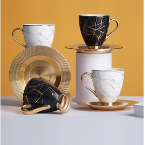 Elegant Espresso Cup Set,Coffee Set With saucers, Tea Mugs Set, Marble Pattern Cup Set,Porcelain Coffee Set, Tea Cups, Espresso Lovers Gift