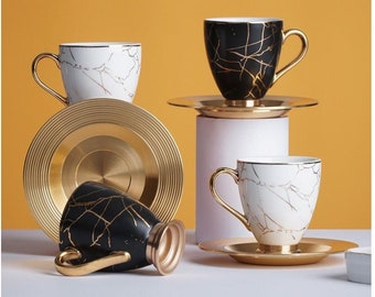 磁器エスプレッソカップセット、大理石模様のコーヒーカップとソーサー