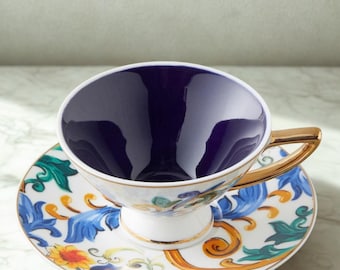 カラフルな磁器製コーヒーセット トルココーヒーカップ2個とソーサー（花柄）付き