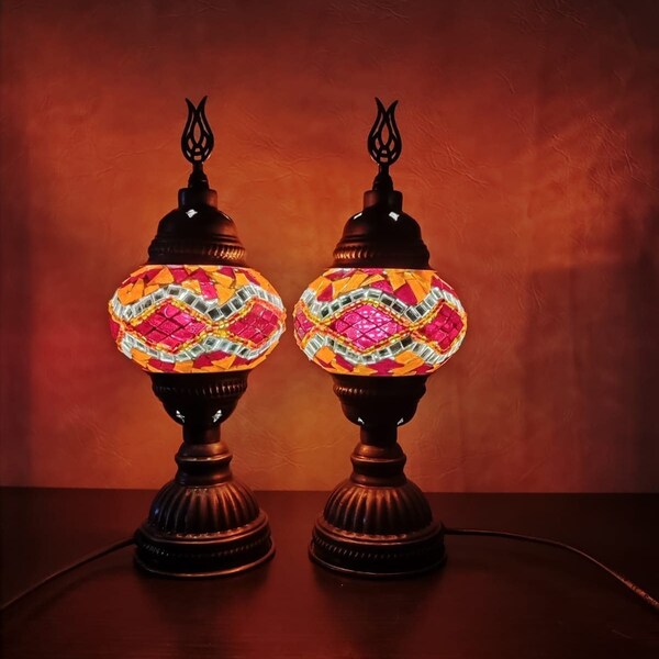 Boho Decor Lichter, 11 "Rote Lampen Set, handgefertigte Tischlampen, Mosaiklampen, türkische Lampenset, Boho Lampen, Beleuchtung für Zuhause, kleine Mosaiklampe
