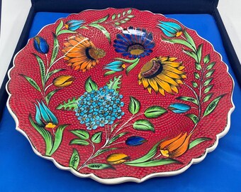 12インチの壁掛けプレート、トルコ風陶器プレート、花柄壁飾り、陶器プレート、ベルベットボックス入りレッドコレクションプレート、装飾プレート
