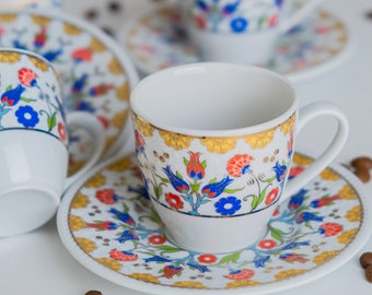 Ensemble de tasses à café turques avec soucoupes, Service à café arabe floral, Mugs à expresso en porcelaine, Service de tasses à thé, Service à café grec pour 6 personnes, Tasse à café de 90 g