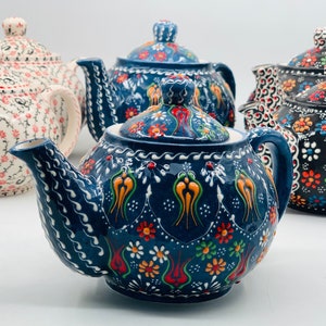 Turkish Ceramic Teaware, Floral Teapot Set of 2 with Lids, Tulip Pattern Teapot, Kitchen Decor, Ceramic Tea Set Coated with Lead-Free Glaze
