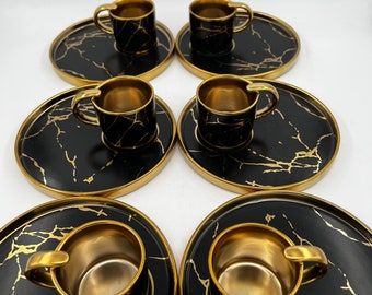 Black Porcelain Espresso Cups Set, Golden Line Decor, Turkish Coffee Set
