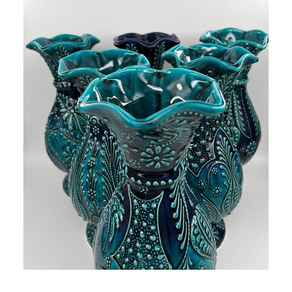 Turquoise Ceramic Vase Handmade Turkish Table Top Decoration Engraved Decorative Vase Ceramic Centerpiece Large Pottery Flower Vase 12"