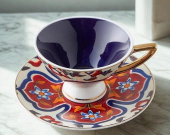 花柄レッドデザイン磁器コーヒーセット トルココーヒーカップ2個とソーサー付き