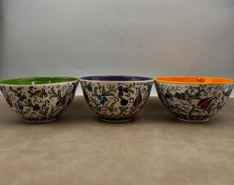 Set of 3 Ceramic Bowl, 15 Oz Handmade Floral Turkish Bowl, Purple / Green / Yellow Serving Bowl, Deep Pottery Bowl, Fruit Bowl, Moving Gifts