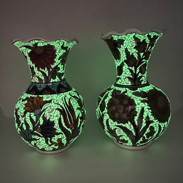 Collectible Vases, phosphorescence Vase, Glowing Vase, Hand painted Ceramic Vase, Floral Turkish Vase, Embossed Decor Vase, Moving Gifts 10"