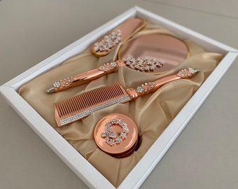 Hand Mirror and Brush set, Mirror and Comb set, Engagement Gift, Set of 4 Vintage Style Vanity set, Fathers day gift, Wedding Present