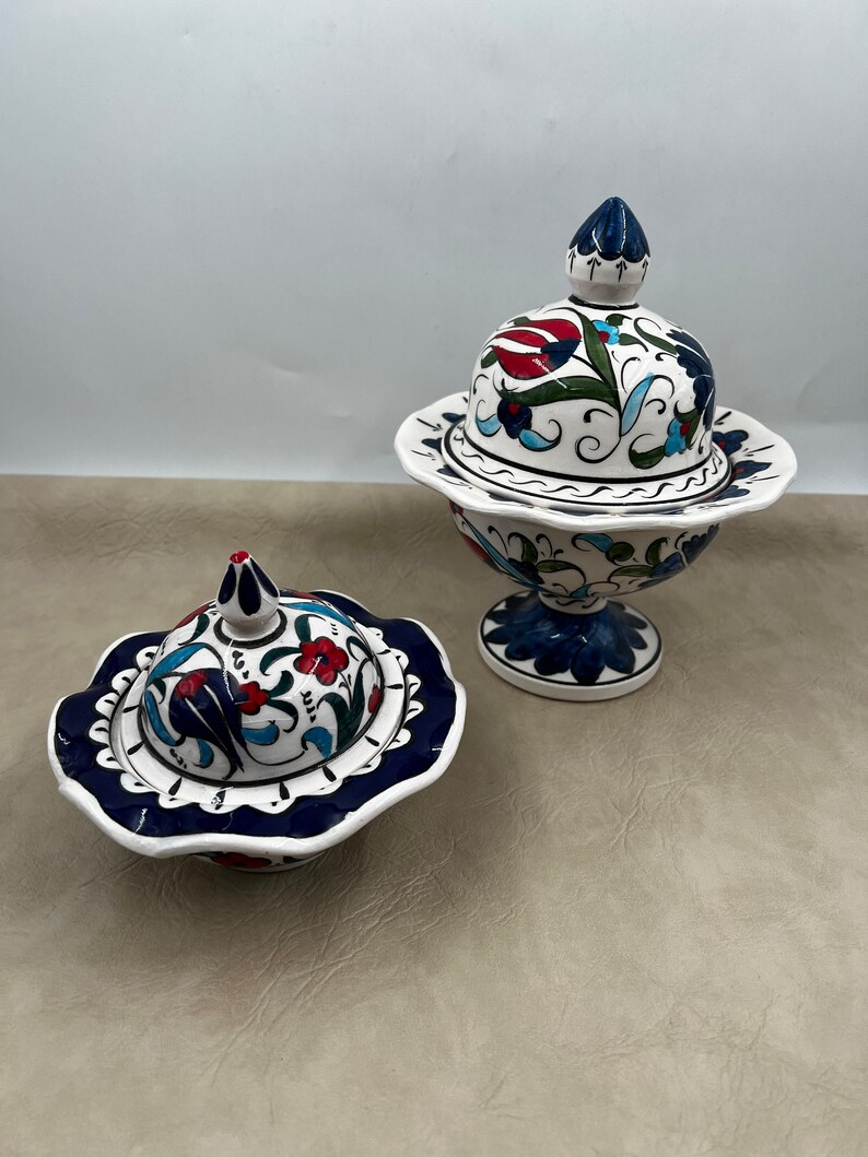 Set of 2 Sweets Bowl With Lids, Ceramic Sugar Bowl, Hand Painted Sugar Bowl With Lid, Turkish Ceramic Bowl, Pottery Sugar Jar, Candy Bowl image 4