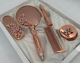 Hand Mirror and Brush set, Mirror and Comb set, Engagement Gift, Set of 4 Vintage Style Vanity set, Mothers day gift, Gift for her