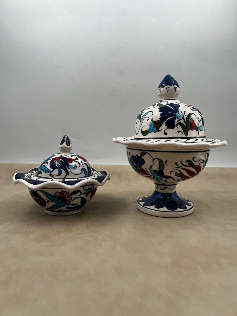Set of 2 Sweets Bowl With Lids, Ceramic Sugar Bowl, Hand Painted Sugar Bowl With Lid, Turkish Ceramic Bowl, Pottery Sugar Jar, Candy Bowl image 1