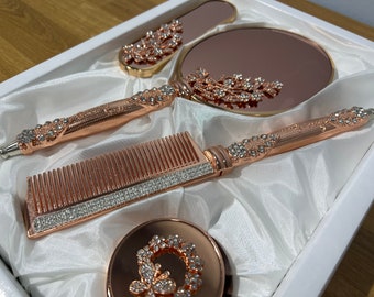 Brush and Mirror set, Vintage Style Vanity set, Make up Mirror, Hand Mirror Set, Set of 4 Gift for her Mirror and Comb set Engagement Gift