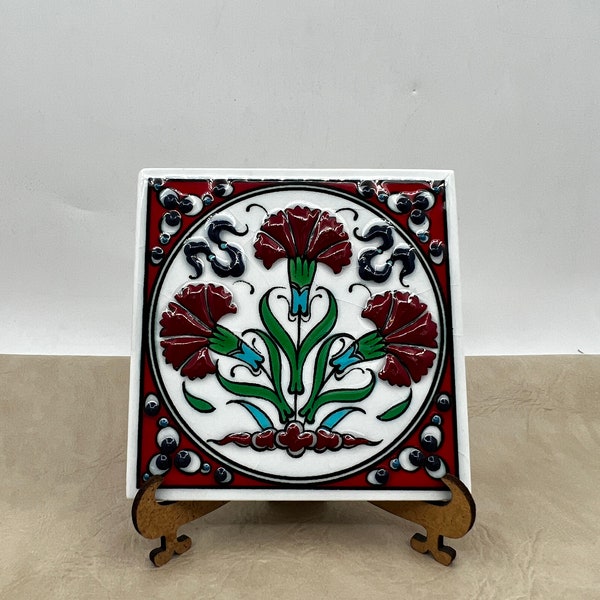 Floral Embossed Andalusian Tiles, Traditional Iznik Tiles, Red Tulip Decor Tiles, Handpainted Tiles, Pottery Wall Decors, 4x4 Mexican Tiles