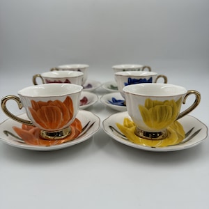 Floral Coffee Set, Porcelain Coffee Set, Turkish Coffee Set for 6, Handmade Coffee Mugs, Espresso Mugs Set, Arabic Coffee Set with Saucers