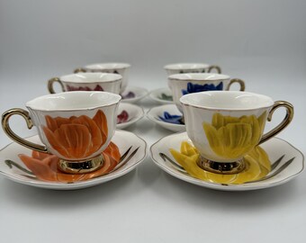 Set de café floral, Set de café de porcelana, Set de café turco para 6, Tazas de café hechas a mano, Set de tazas de espresso, Set de café árabe con platillos