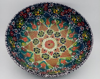 10インチグリーンセラミックボウル、伝統的なトルコのボウル、大きなサラダ/フルーツ/チップス/ポップコーンボウル、手作りの陶器ボウル、鉛フリーの装飾ボウル