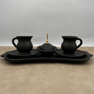 Elegant Balck Coffee Set, Decorative Coffee Set, Ceramic Coffee Cups with Sweet Bowl, Turkish Coffee Set with Tray, Handmade Pottery Decors