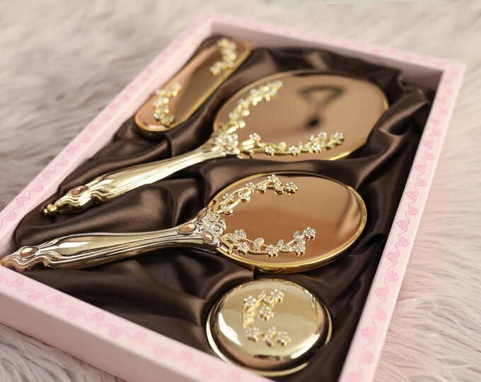 Brush and Mirror Set, Vintage Style Vanity Set, Make up Mirror, Hand