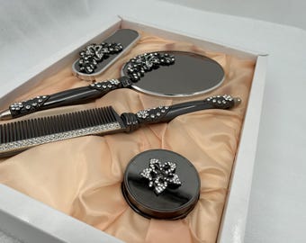 トルコブラシハンドミラーとコームセット、エンジェルスタイルバニティセット、バタフライメイクアップミラークリスマスギフト4点セット、彼女へのプレゼント、婚約ギフト