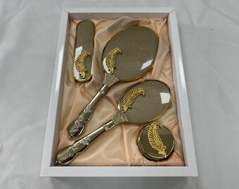 Vintage Style Vanity Set, Gold Hand Mirror, Brush, Comb, and Jewelry Box