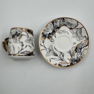 Arabic Coffee Set, Black and White Coffee Cup and Saucers Set, Turkish Coffee Set, Modern Porcelain Coffee Set with Golden Handles