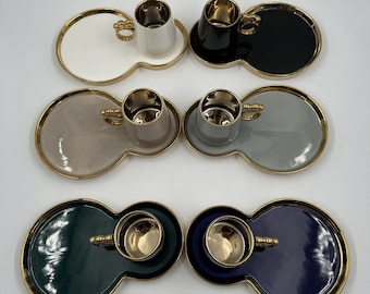 磁器製トルココーヒーセット、金色のハンドル、カップ＆ソーサー6個セット