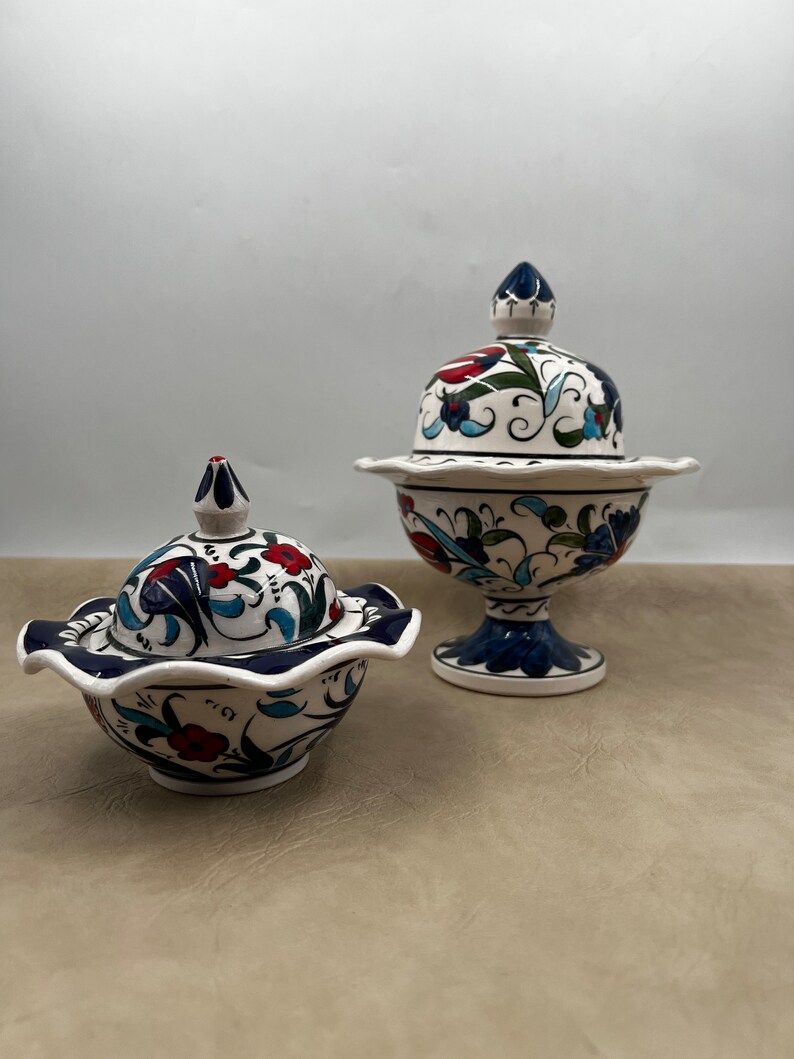 Set of 2 Sweets Bowl With Lids, Ceramic Sugar Bowl, Hand Painted Sugar Bowl With Lid, Turkish Ceramic Bowl, Pottery Sugar Jar, Candy Bowl image 8
