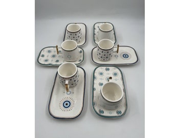 Juego de tazas de café Blue Evil Eye, juego de café turquesa Evil Eye, juego de tazas de café turco, tazas de café y platillos de porcelana, tazas de mal de ojo