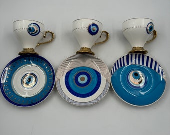 イーブルアイコーヒーセット、6人用トルココーヒーセット、ブルー磁器コーヒーマグセット、ソーサー付きコーヒーカップセット、母への贈り物、新築祝いの贈り物