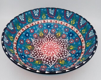 Handpainted Traditional Turkish Bowls Deep Salad Bowl Large Pottery Bowls Embossed Floral Pattern Dinnerware Blue Ceramic Serving Bowls 11"