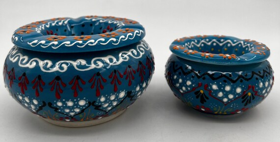 Large and Small Handmade Ceramic Ashtray 2 Piece Set, Hand Painted Turkish  Traditional Style With Lid Decorative Floral Pattern Iznik Tulip 