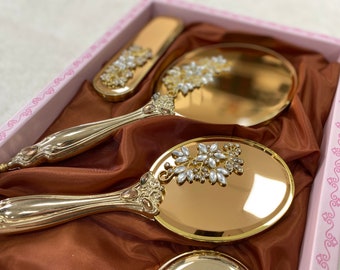 Ensemble miroir de maquillage, pinceau et miroir à main, ensemble de vanité de style vintage, lot de 4 cadeau pour elle, ensemble miroir et peigne, cadeau de mariage ou de fête des mères