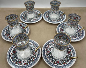 Traditional Turkish Tea Set, Glass Tea Set for 6, Handmade Turkish Tea Cups and Saucers, Glass Teaware, Tea Set with Spoons, Gifts For Her