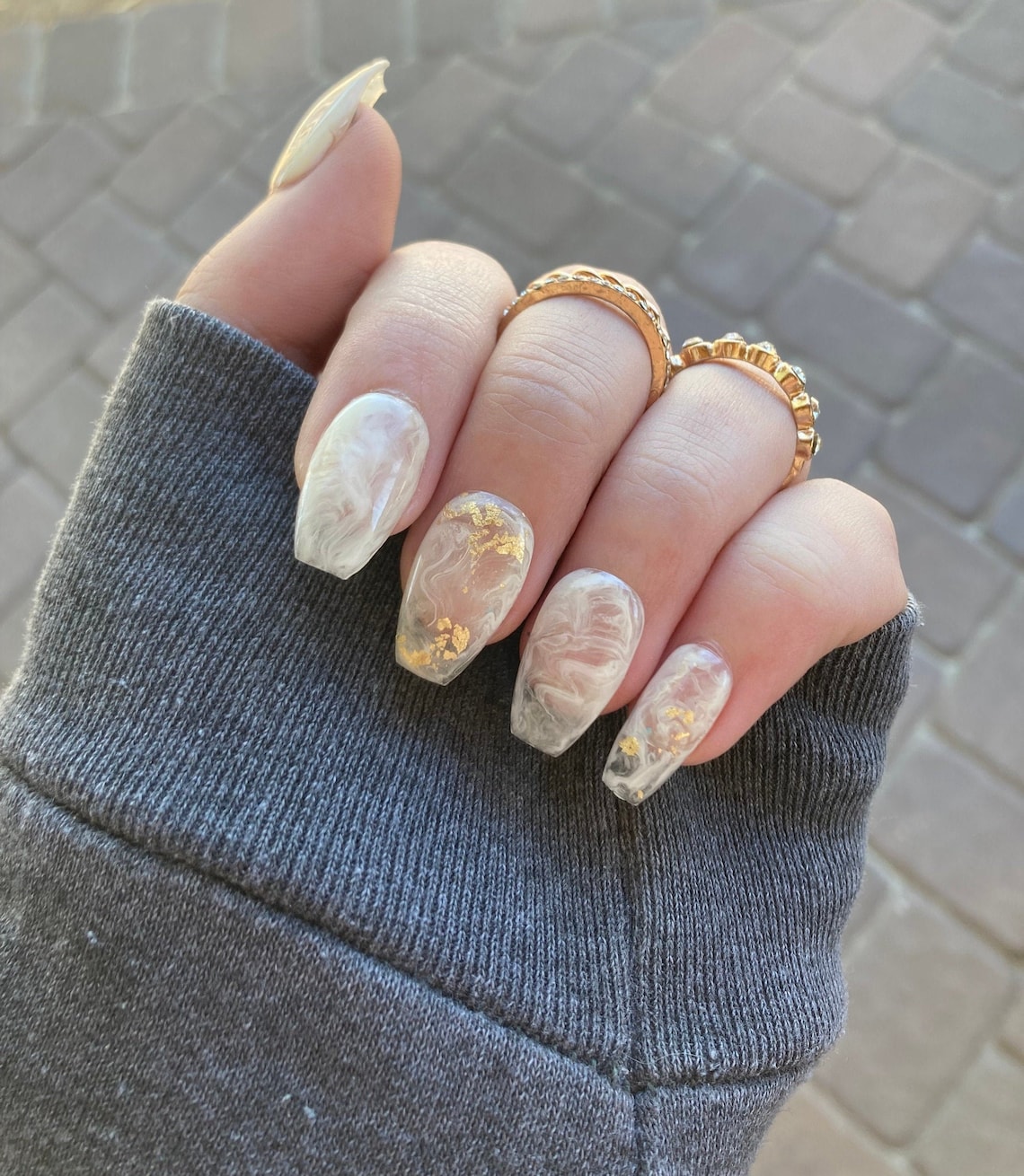 White Swirls with gold flake Press on nails Marble Nails Etsy