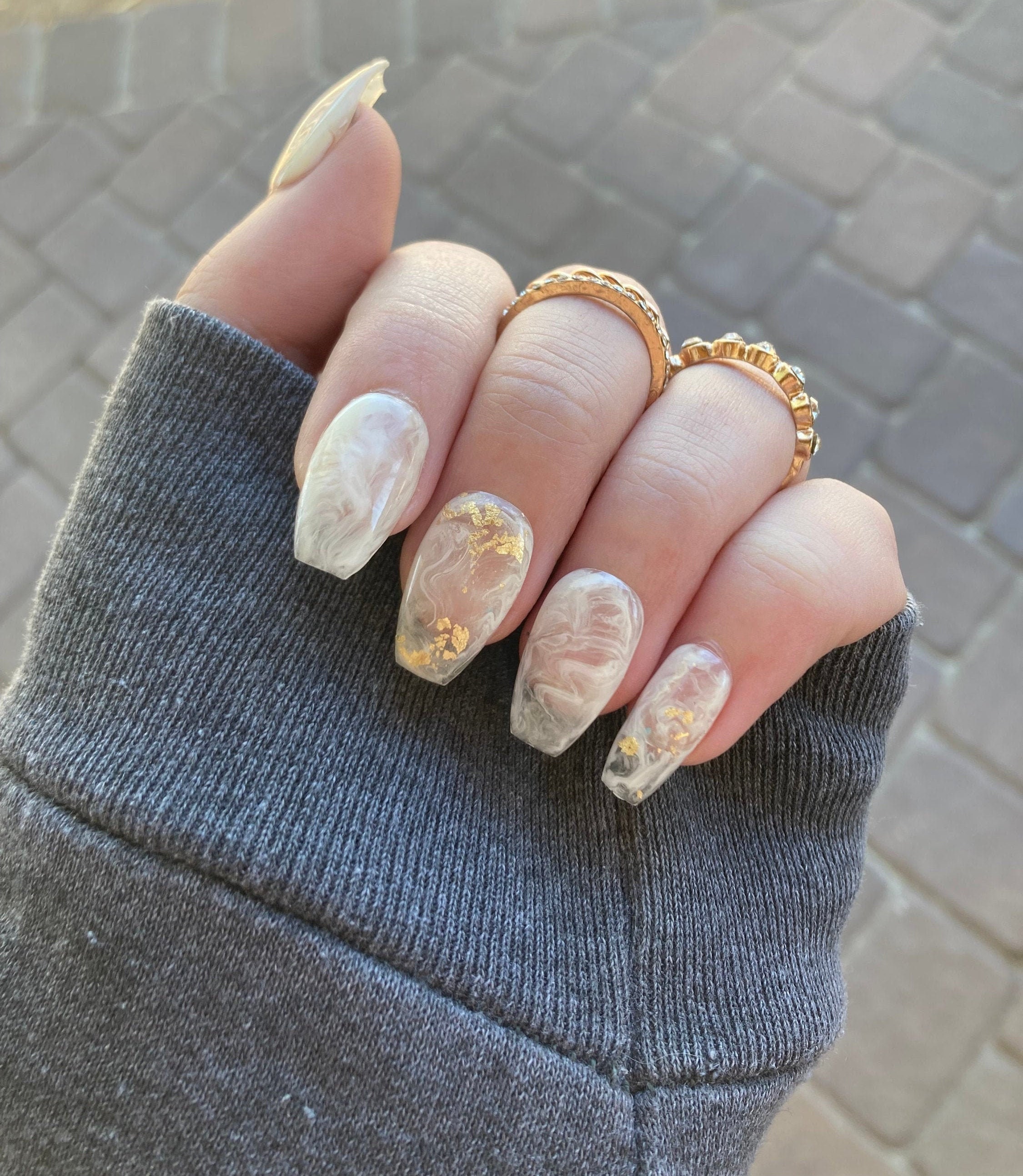 White Swirls With Gold Flake Press on Nails Marble Nails - Etsy