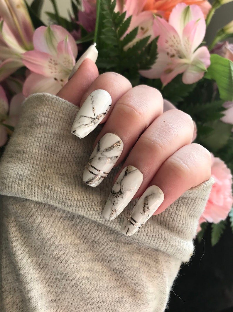 White Marble Nails Press On Nails Coffin Nails Etsy White Marble Nails Press On Nails Coffin Nails Etsy