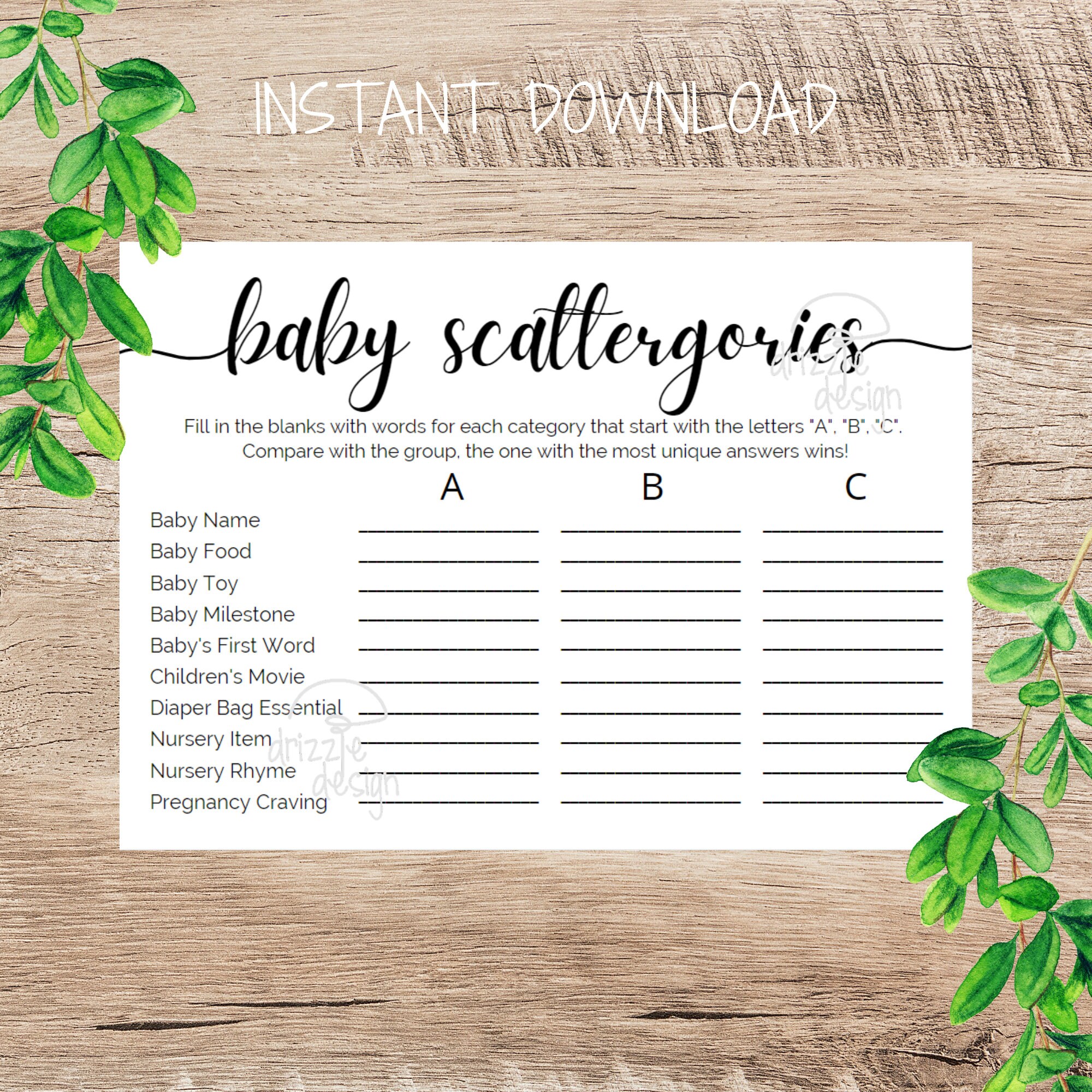 Baby Scattergories Modern Simple Baby Shower Games Script Etsy