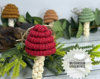 Macrame Mushroom Christmas Ornaments Set of Four, Boho Rustic Christmas, Christmas Ornaments