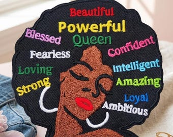 Black Girl Affirmation Patch, Afro Queen Iron On Patch, Embroidered Black Woman Patch, Powerful Confident Beautiful Gift [4"x3.5 inches]