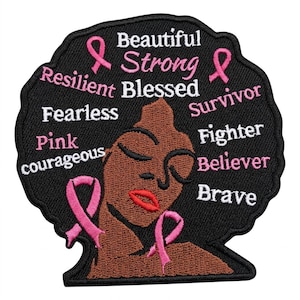 Breast Cancer Awareness Embroidered Afro Patch, Iron On/Sew On (4 inch)