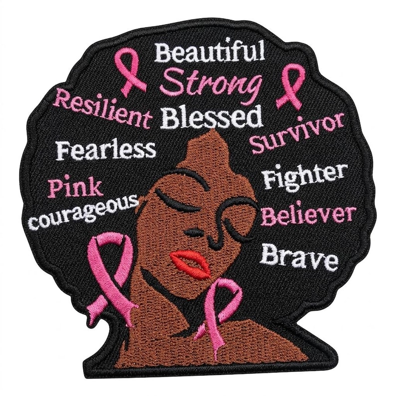 Breast Cancer Awareness Embroidered Afro Patch, Iron On/Sew On (4 inch) image 1