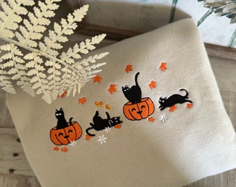 Embroidered Pumpkin Cat Sweatshirt  Spooky Season Shirt, Halloween Lover Gifts, Ghost and Pumpkin Crewneck