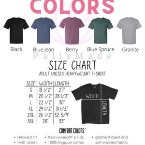K&ouml;nnte beinhalten: Eine Gr&ouml;&szlig;entabelle f&uuml;r Unisex-T-Shirts f&uuml;r Erwachsene in schwerer Qualit&auml;t. Die Tabelle zeigt die Gr&ouml;&szlig;e, Breite und L&auml;nge der Shirts in Zoll. Die verf&uuml;gbaren Farben sind Schwarz, Jeansblau, Beere, Blautanne und Granit. Der Text "Comfort Colors" ist ebenfalls enthalten.