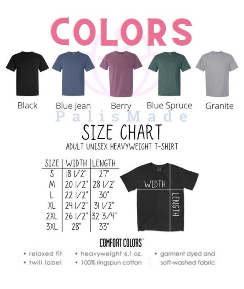 K&ouml;nnte beinhalten: Eine Gr&ouml;&szlig;entabelle f&uuml;r Unisex-T-Shirts f&uuml;r Erwachsene in schwerer Qualit&auml;t. Die Tabelle zeigt die Gr&ouml;&szlig;e, Breite und L&auml;nge der Shirts in Zoll. Die verf&uuml;gbaren Farben sind Schwarz, Jeansblau, Beere, Blautanne und Granit. Der Text "Comfort Colors" ist ebenfalls enthalten.