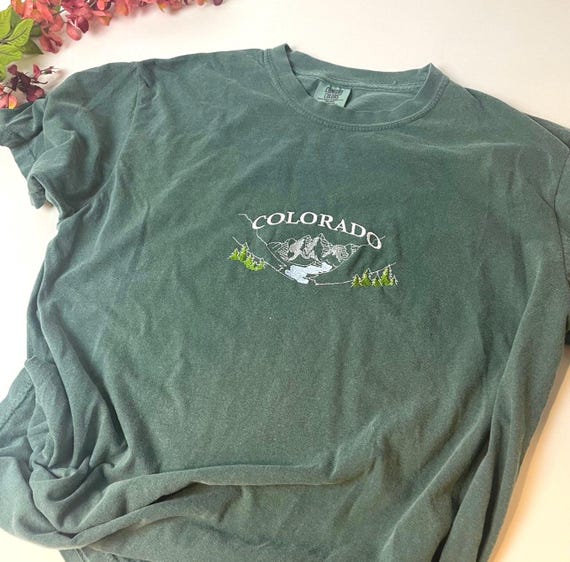 Comfort Colors Colorado Embroidered Mountain T-Shirt - Rocky Adventure Tee - Personalized Gift Option.