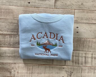Acadia National Park Embroidered Sweatshirt, Mountain & Moose Crewneck, Maine National Park Sweatshirt, Nature Lover Gift