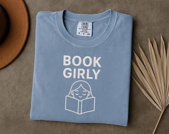 Embroidered Book Girly Comfort Colors Shirt - Book Lover Gift