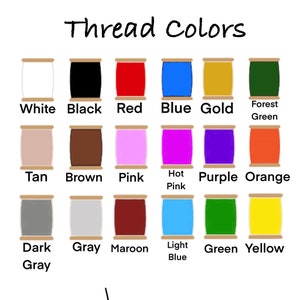 May include: A chart showing 18 different thread colors, including white, black, red, blue, gold, forest green, tan, brown, pink, hot pink, purple, orange, dark gray, gray, maroon, light blue, green, and yellow.